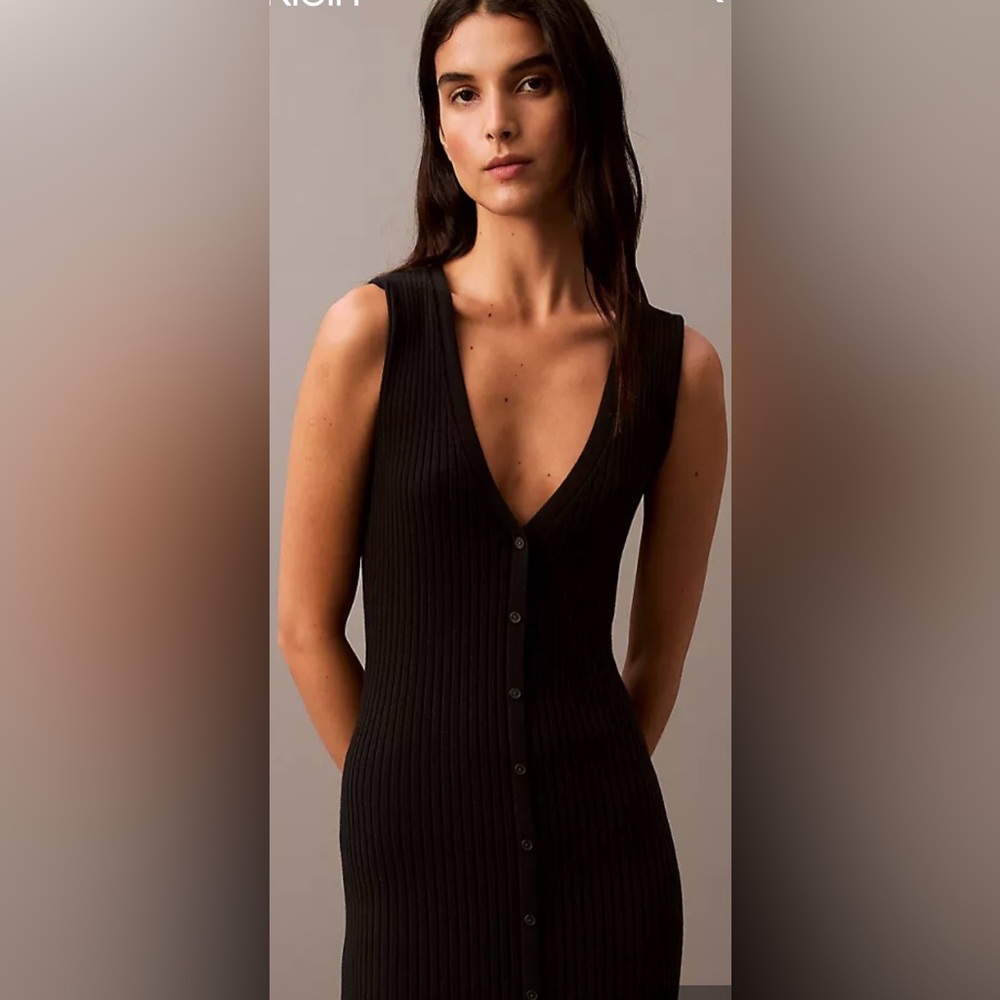 Smooth Cotton Rib Sweater Midi V-Neck‎ Dress